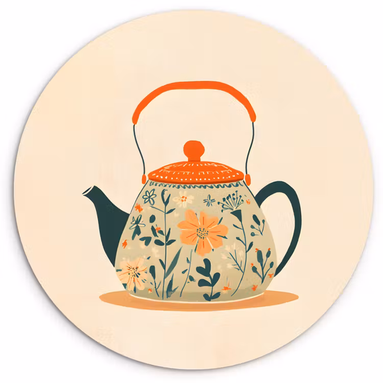 Oranje - Theepot - Bloemen - Bladeren Wandcirkel kunststof plaat 5mm dik klein -3d
