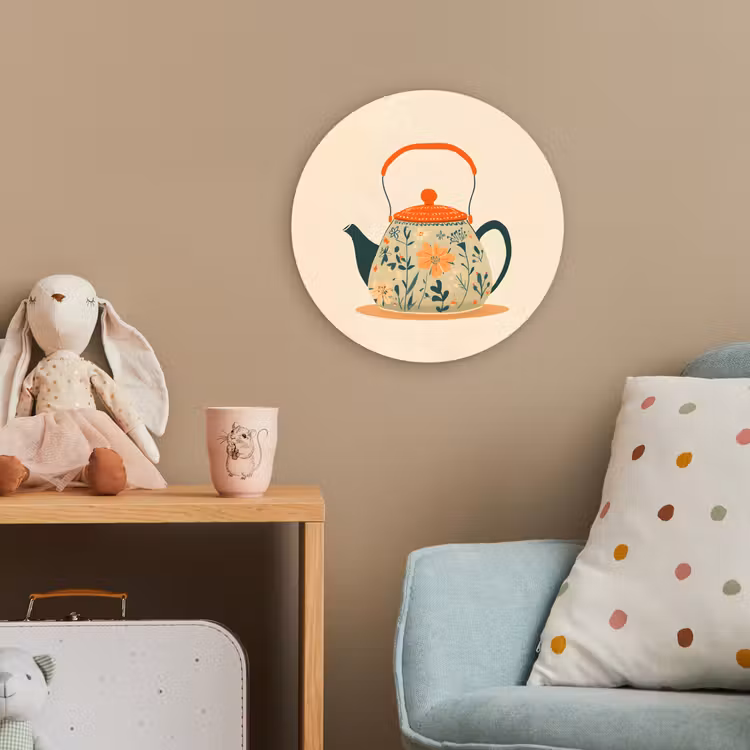 Oranje - Theepot - Bloemen - Bladeren Wandcirkel kunststof plaat 5mm dik klein -tsfeer1_kind