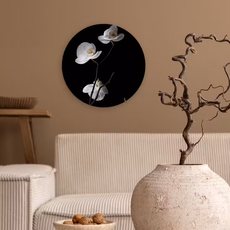 Orchidee - Bloemen - Zwart - Wit - Stilleven Wandcirkel kunststof plaat 5mm dik klein -sfeer1