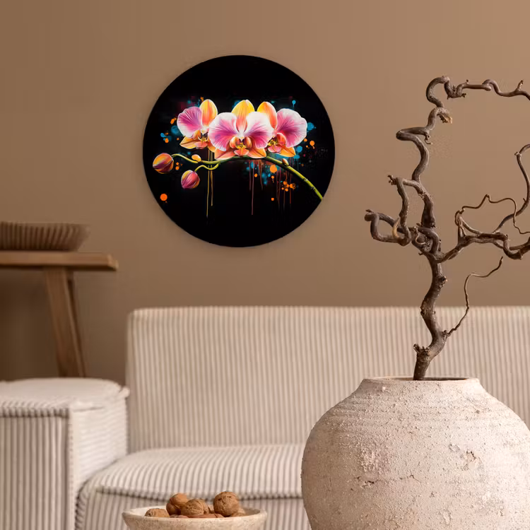 Orchidee - Graffiti - Kleurrijk - Bloemen - Abstract Wandcirkel kunststof plaat 5mm dik klein -sfeer1