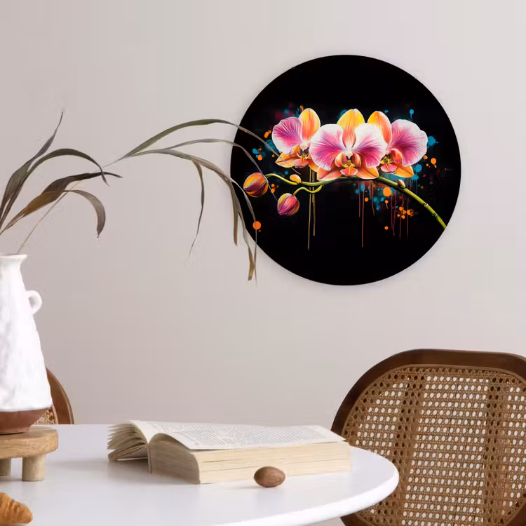 Orchidee - Graffiti - Kleurrijk - Bloemen - Abstract Wandcirkel kunststof plaat 5mm dik klein -sfeer4