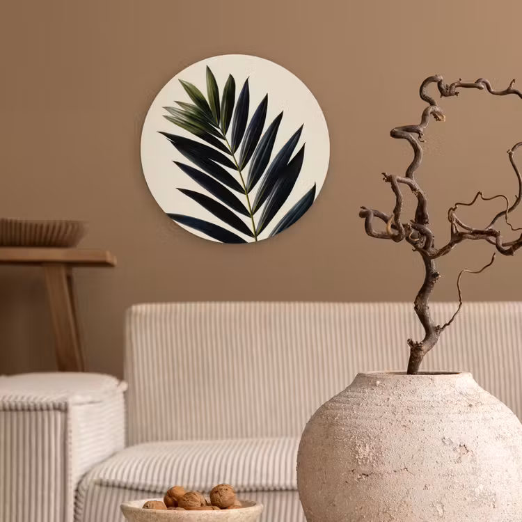 Palmblad - Donkere bladen - Subtiel Wandcirkel kunststof plaat 5mm dik klein -sfeer1