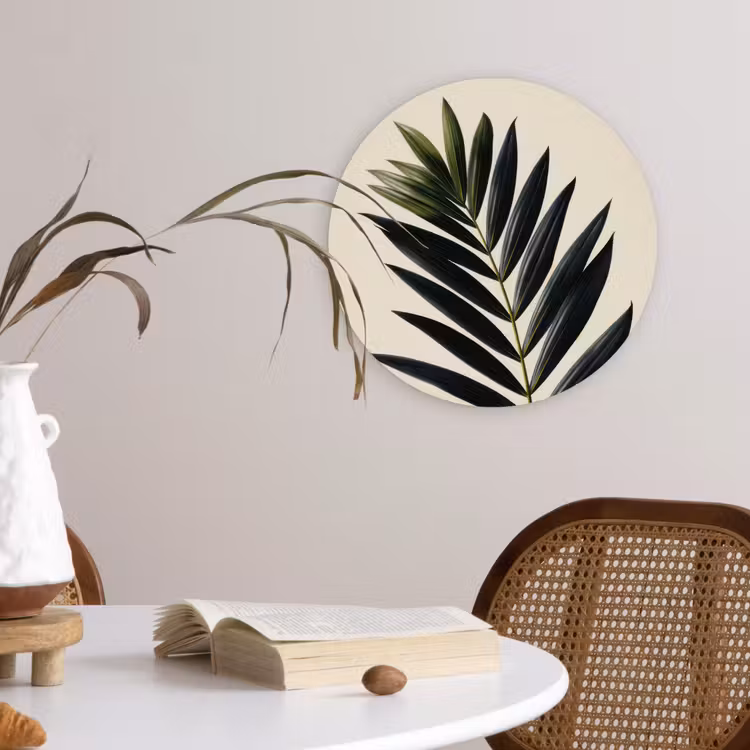 Palmblad - Donkere bladen - Subtiel Wandcirkel kunststof plaat 5mm dik klein -sfeer4