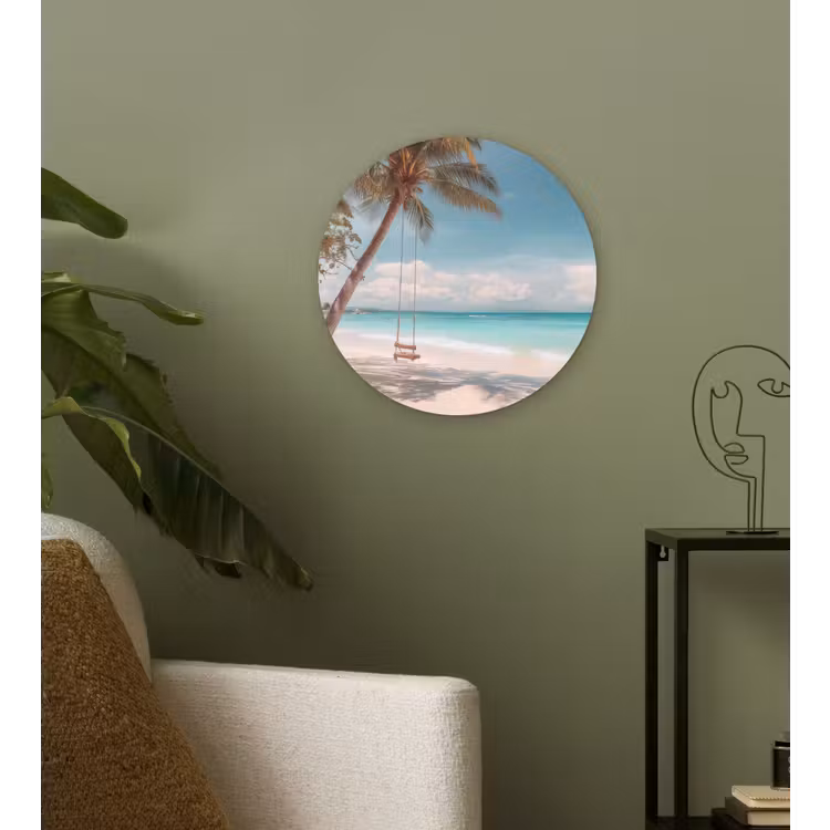 Palmboom - Schommel - Strand - Lucht Wandcirkel kunststof plaat 5mm dik klein -sfeer3