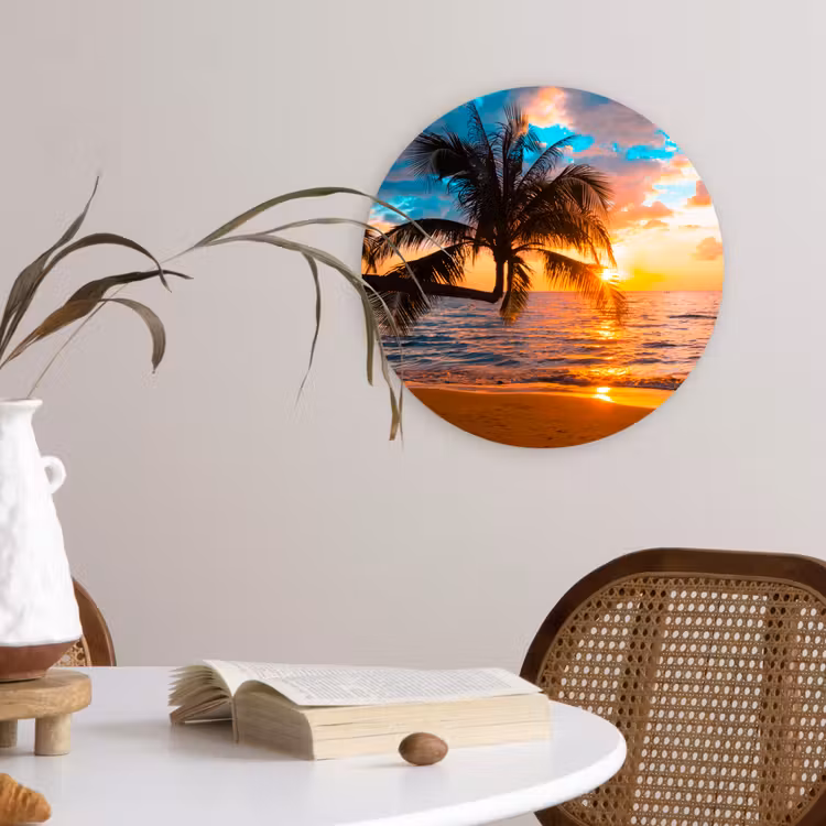 Palm - Zonsondergang - Horizon - Strand - Zee - Tropisch Wandcirkel kunststof plaat 5mm dik klein -sfeer4