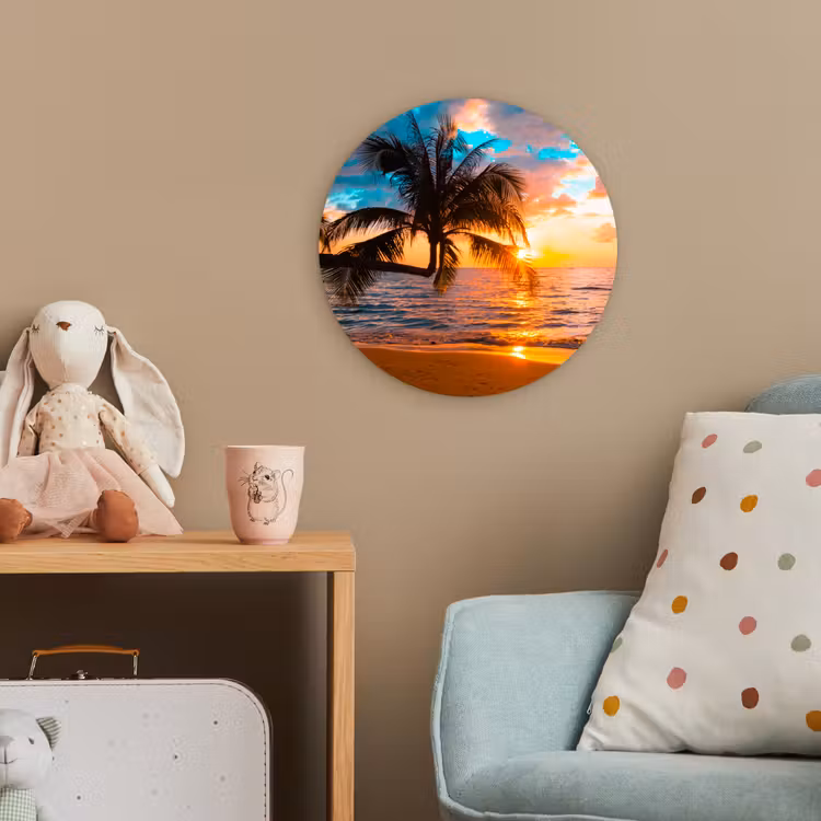Palm - Zonsondergang - Horizon - Strand - Zee - Tropisch Wandcirkel kunststof plaat 5mm dik klein -tsfeer1_kind