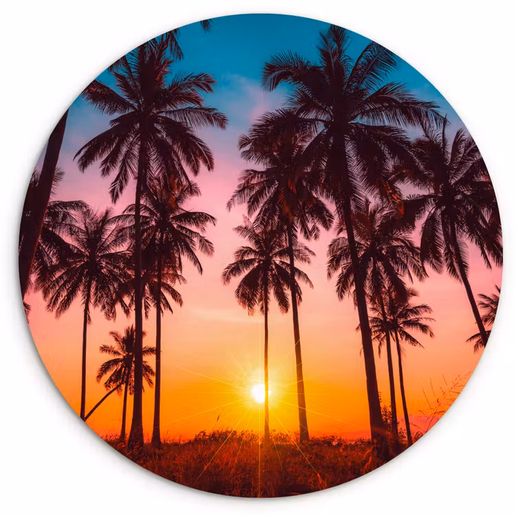 Palmboom - Zonsondergang - Horizon - Strand - Oranje - Roze Wandcirkel kunststof plaat 5mm dik klein -3d