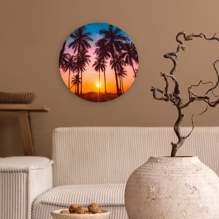 Palmboom - Zonsondergang - Horizon - Strand - Oranje - Roze Wandcirkel kunststof plaat 5mm dik klein -sfeer1