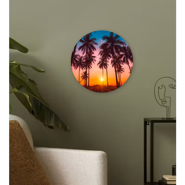 Palmboom - Zonsondergang - Horizon - Strand - Oranje - Roze Wandcirkel kunststof plaat 5mm dik klein -sfeer3