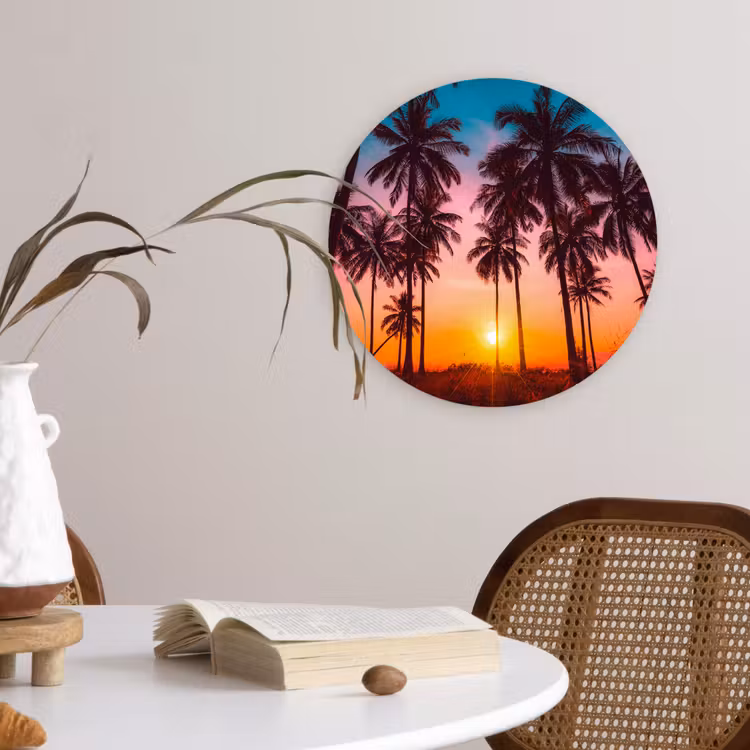 Palmboom - Zonsondergang - Horizon - Strand - Oranje - Roze Wandcirkel kunststof plaat 5mm dik klein -sfeer4