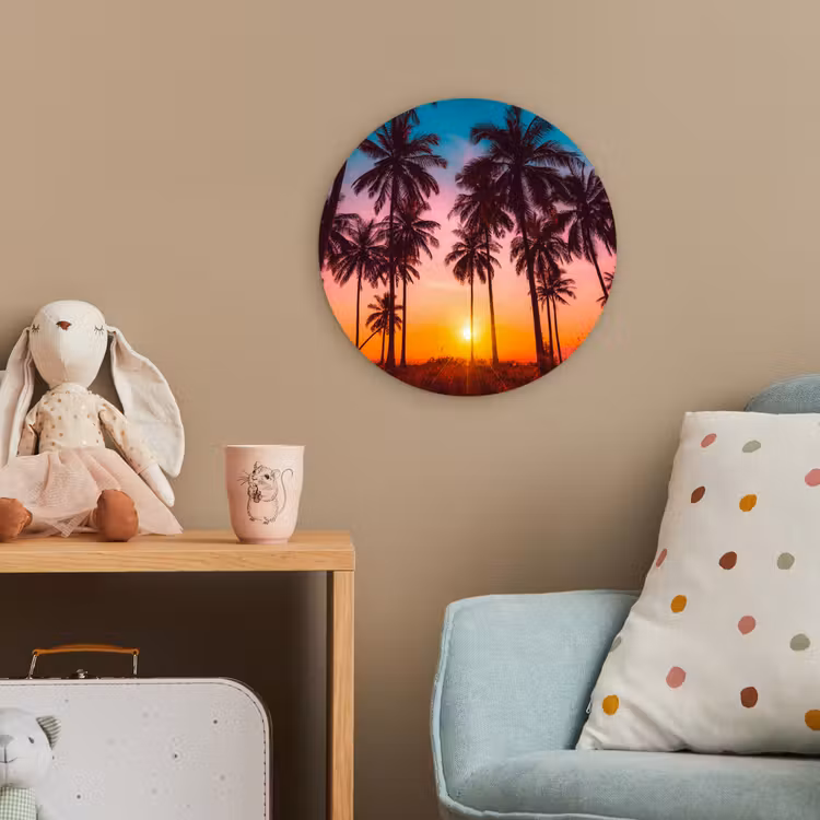 Palmboom - Zonsondergang - Horizon - Strand - Oranje - Roze Wandcirkel kunststof plaat 5mm dik klein -tsfeer1_kind