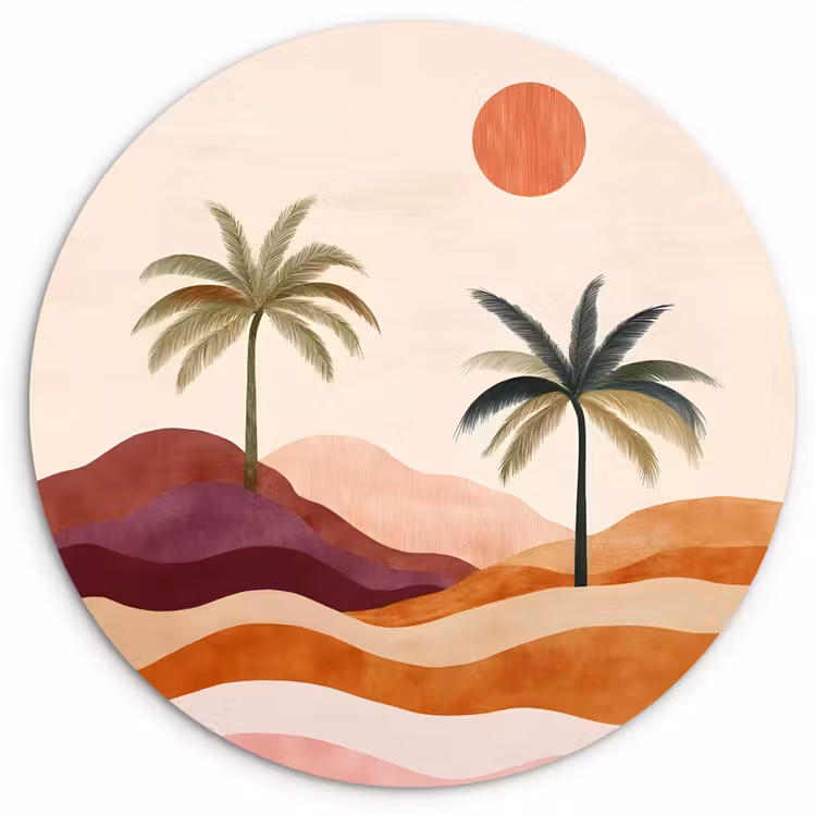 Palmbomen - Abstract - Zon - Heuvels Wandcirkel kunststof plaat 5mm dik klein -3d