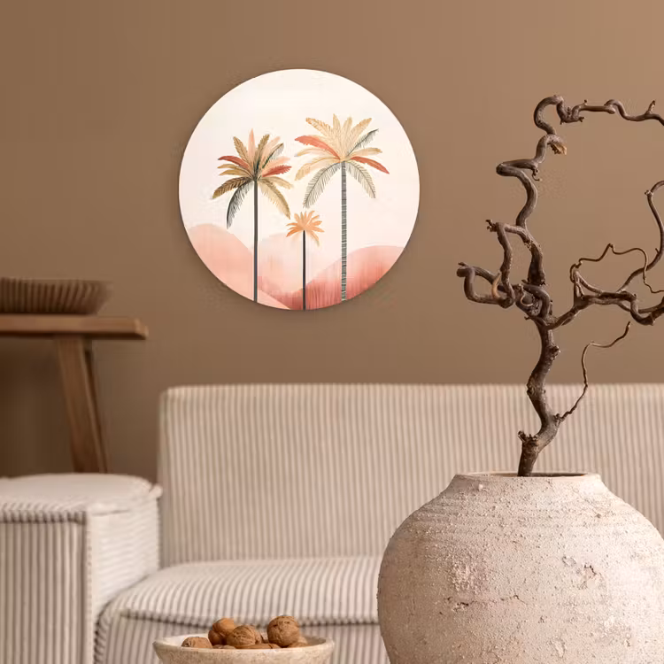 Palmbomen - Heuvels - Minimalistisch - Zachtroze Wandcirkel kunststof plaat 5mm dik klein -sfeer1