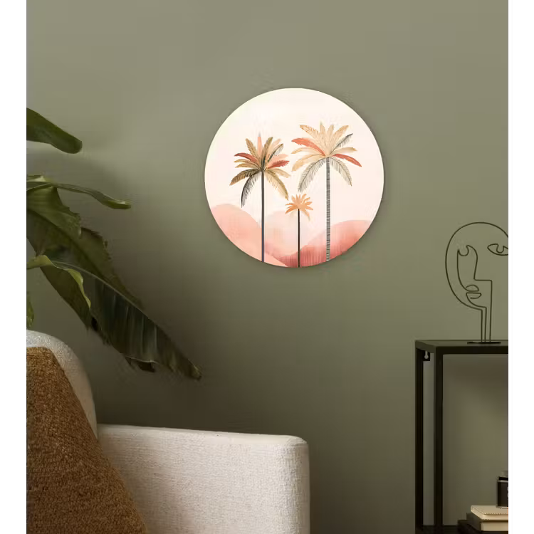 Palmbomen - Heuvels - Minimalistisch - Zachtroze Wandcirkel kunststof plaat 5mm dik klein -sfeer3