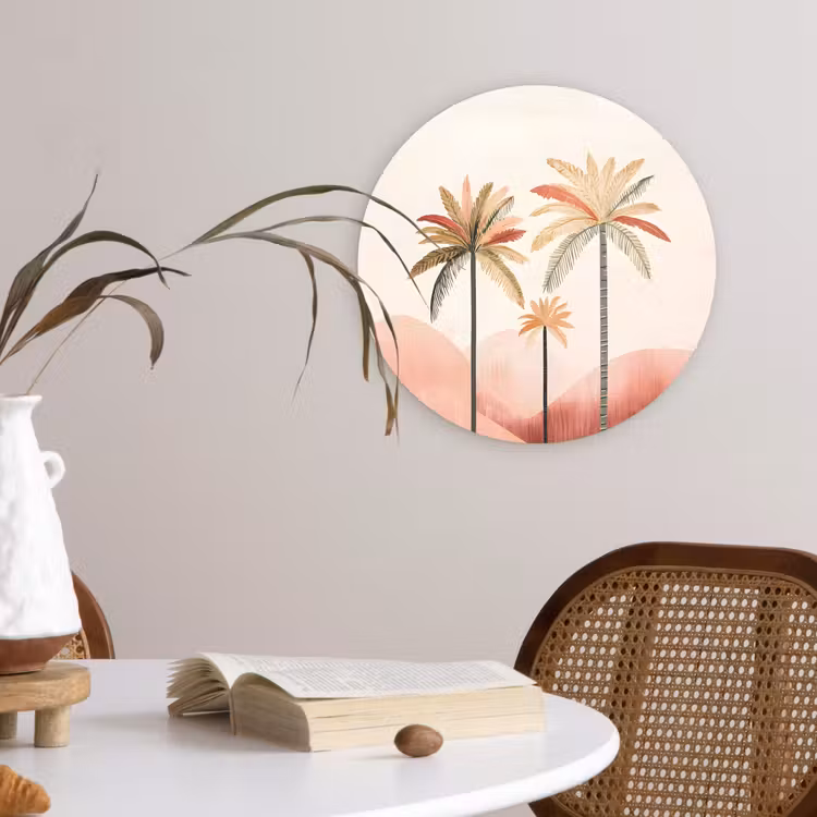 Palmbomen - Heuvels - Minimalistisch - Zachtroze Wandcirkel kunststof plaat 5mm dik klein -sfeer4
