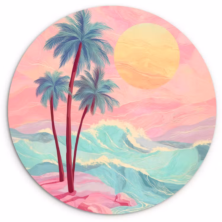 Palmbomen - Golven - Zee Wandcirkel kunststof plaat 5mm dik klein -3d