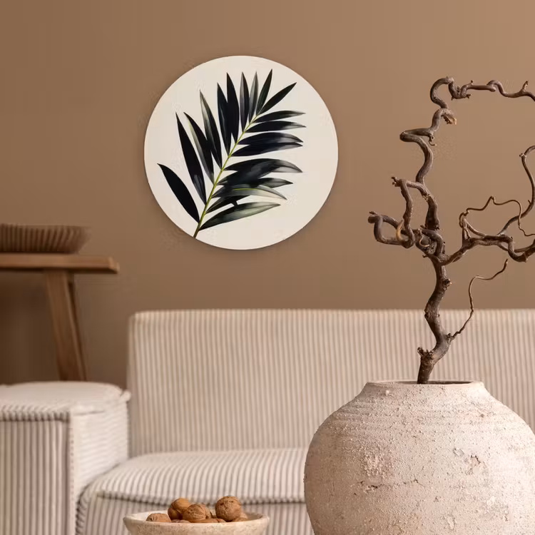 Palmblad - Subtiel - Groen - beige Wandcirkel kunststof plaat 5mm dik klein -sfeer1