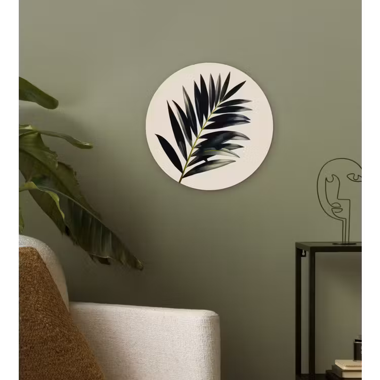 Palmblad - Subtiel - Groen - beige Wandcirkel kunststof plaat 5mm dik klein -sfeer3