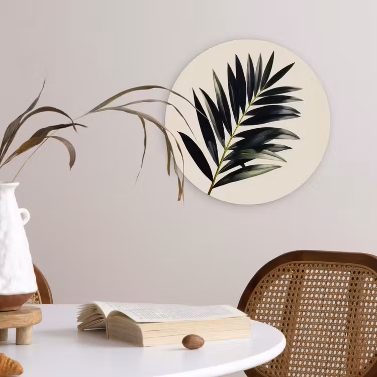 Palmblad - Subtiel - Groen - beige Wandcirkel kunststof plaat 5mm dik klein -sfeer4
