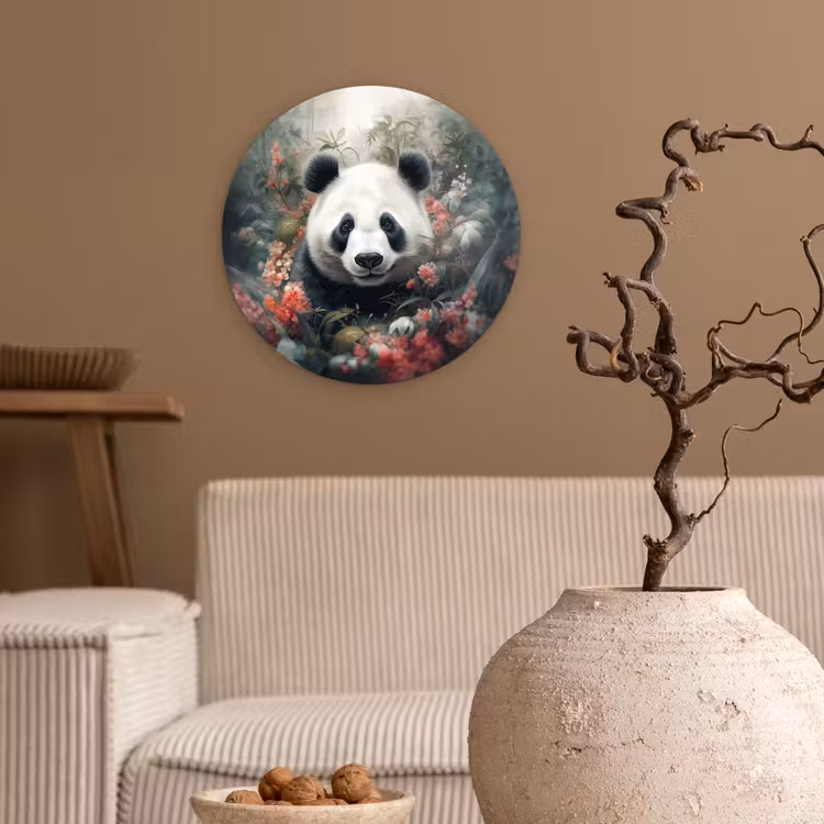 Panda - Wilde dieren - Bloemen - Natuur Wandcirkel kunststof plaat 5mm dik klein -sfeer1