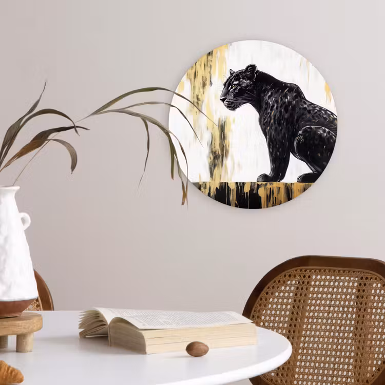 Panter - Zwart - Abstract - Goud Wandcirkel kunststof plaat 5mm dik klein -sfeer4