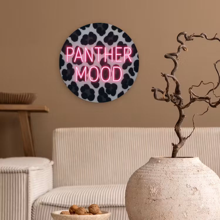 Panterprint - Zwart - Neonletters - Roze Wandcirkel kunststof plaat 5mm dik klein -sfeer1