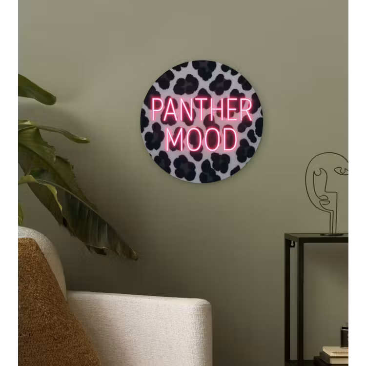 Panterprint - Zwart - Neonletters - Roze Wandcirkel kunststof plaat 5mm dik klein -sfeer3