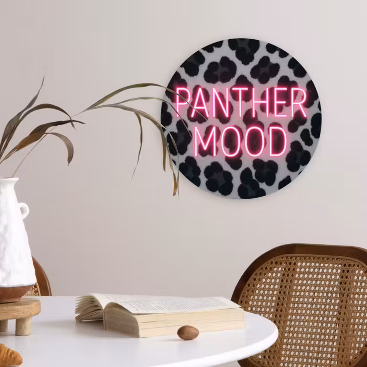 Panterprint - Zwart - Neonletters - Roze Wandcirkel kunststof plaat 5mm dik klein -sfeer4