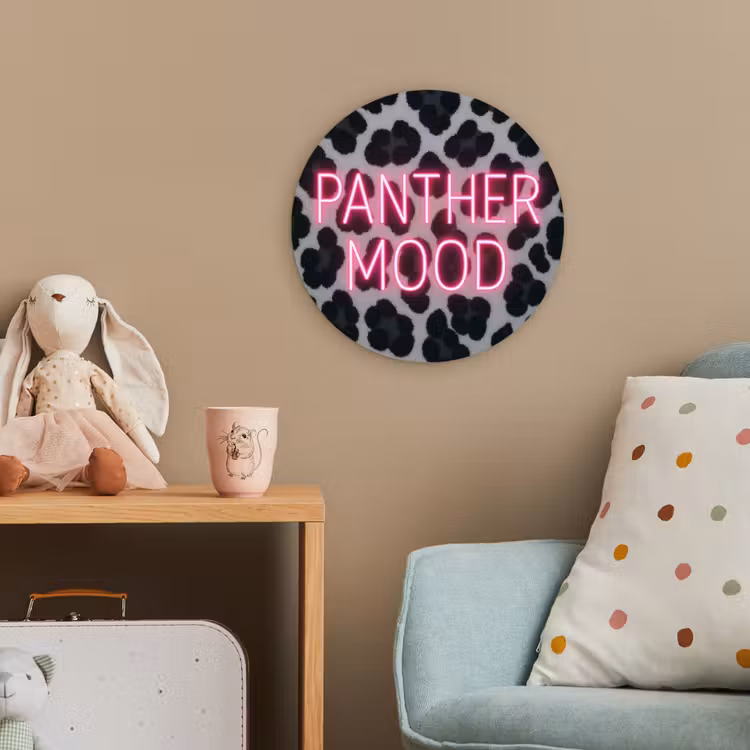 Panterprint - Zwart - Neonletters - Roze Wandcirkel kunststof plaat 5mm dik klein -tsfeer1_kind