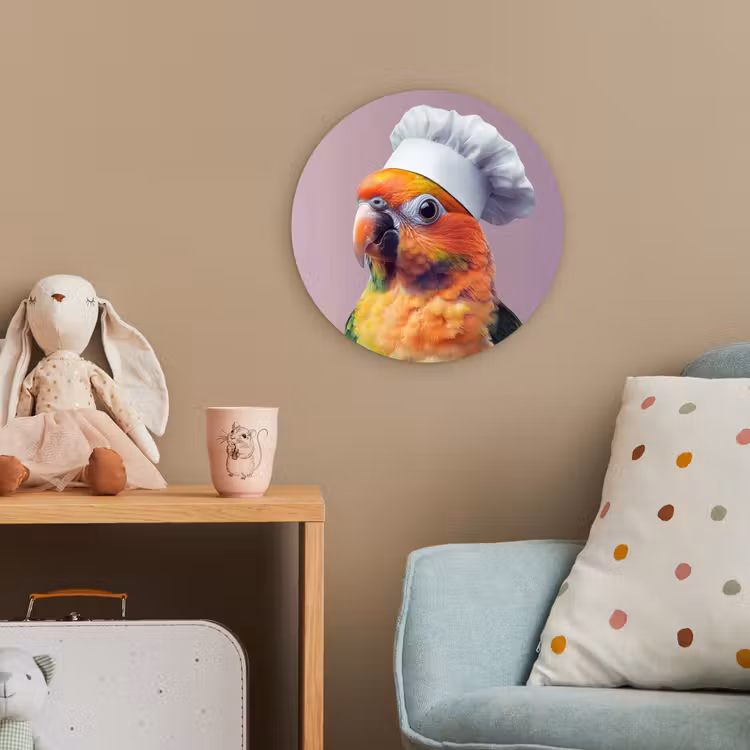 Papegaai - Koksmuts - Nieuwsgierig - Vogel Wandcirkel kunststof plaat 5mm dik klein -tsfeer1_kind