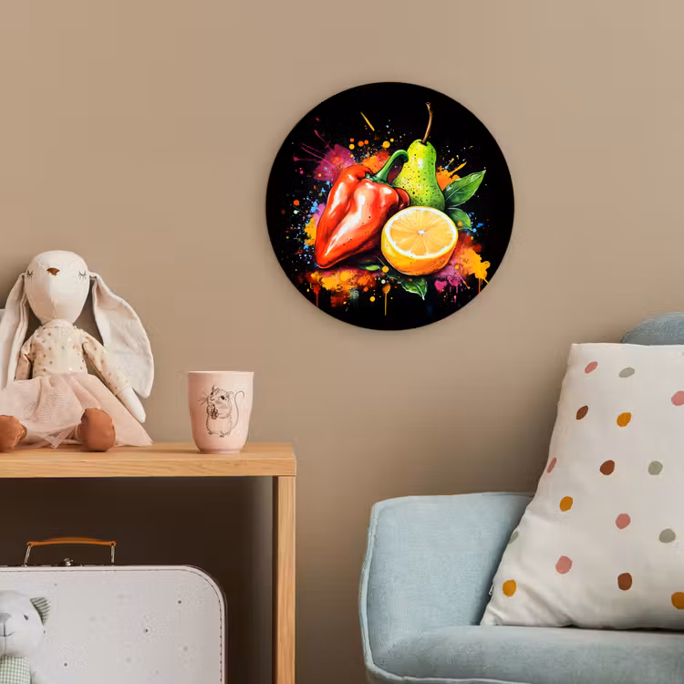 Paprika - Peer - Citroen - Graffiti - Verf - Abstract Wandcirkel kunststof plaat 5mm dik klein -tsfeer1_kind