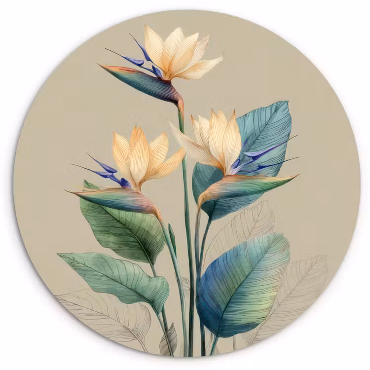 Paradijsvogelbloemen - Blauwgroene bladeren - Beige Wandcirkel kunststof plaat 5mm dik klein -3d