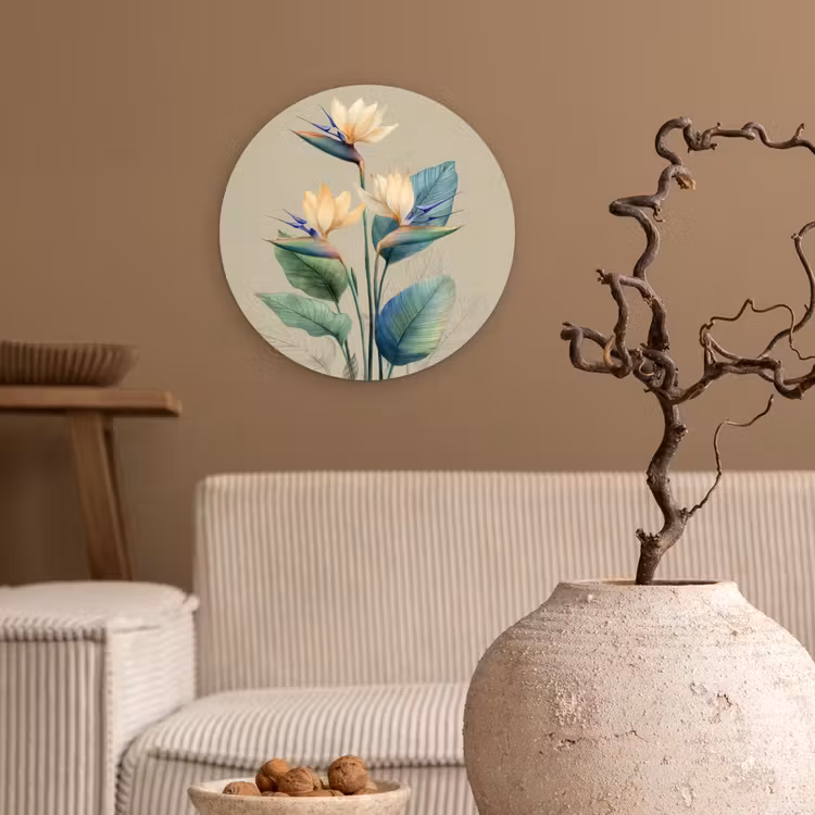 Paradijsvogelbloemen - Blauwgroene bladeren - Beige Wandcirkel kunststof plaat 5mm dik klein -sfeer1