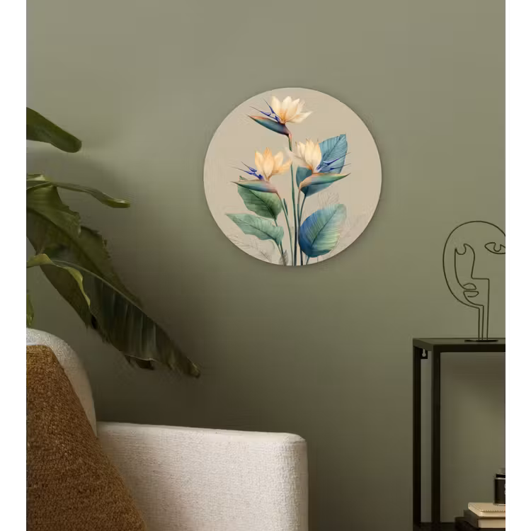 Paradijsvogelbloemen - Blauwgroene bladeren - Beige Wandcirkel kunststof plaat 5mm dik klein -sfeer3