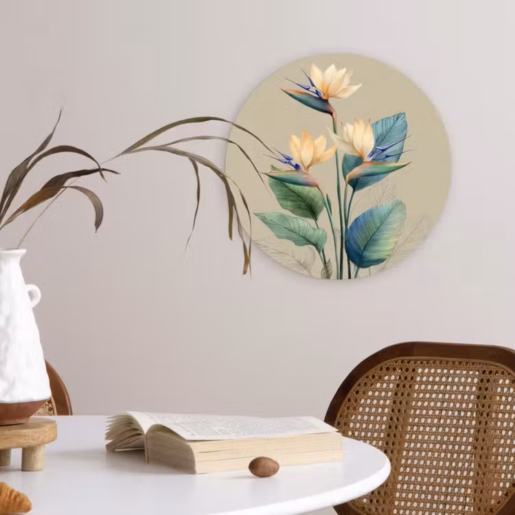 Paradijsvogelbloemen - Blauwgroene bladeren - Beige Wandcirkel kunststof plaat 5mm dik klein -sfeer4