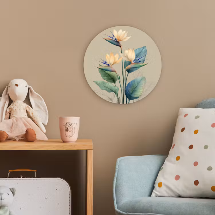 Paradijsvogelbloemen - Blauwgroene bladeren - Beige Wandcirkel kunststof plaat 5mm dik klein -tsfeer1_kind