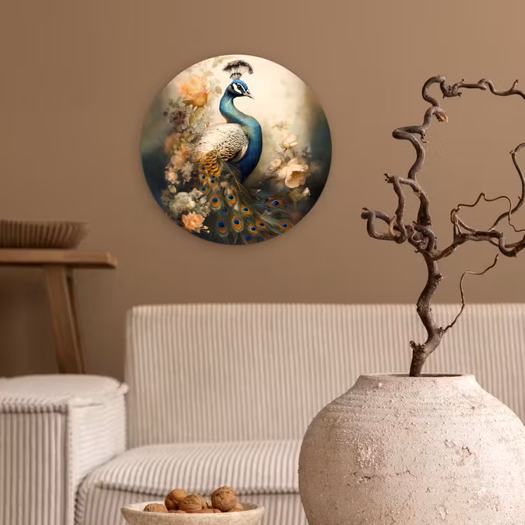 Pauw - Pauwenveren - Bloemen - Vogels - Botanisch Wandcirkel kunststof plaat 5mm dik klein -sfeer1