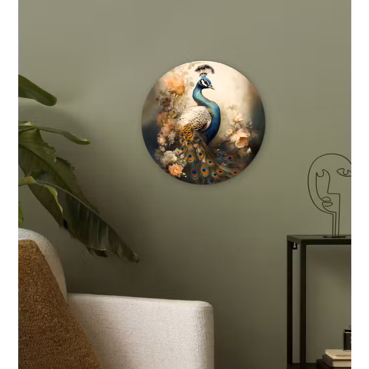 Pauw - Pauwenveren - Bloemen - Vogels - Botanisch Wandcirkel kunststof plaat 5mm dik klein -sfeer3