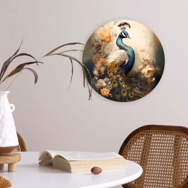 Pauw - Pauwenveren - Bloemen - Vogels - Botanisch Wandcirkel kunststof plaat 5mm dik klein -sfeer4
