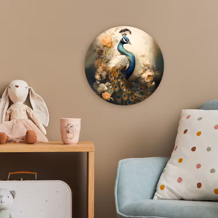 Pauw - Pauwenveren - Bloemen - Vogels - Botanisch Wandcirkel kunststof plaat 5mm dik klein -tsfeer1_kind