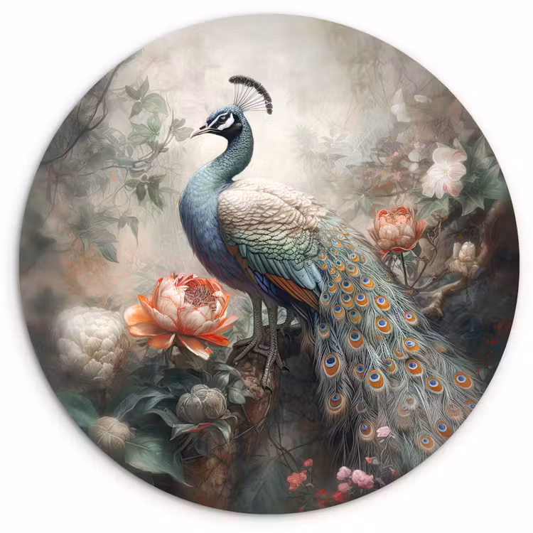Pauw - Pauwenveren - Vogel - Jungle - Bloemen Wandcirkel kunststof plaat 5mm dik klein -3d