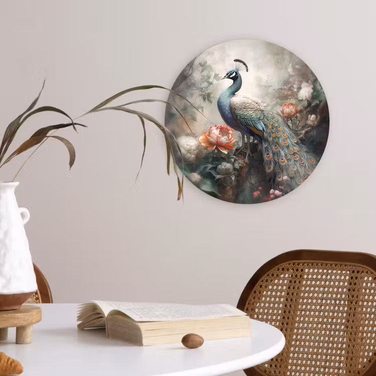 Pauw - Pauwenveren - Vogel - Jungle - Bloemen Wandcirkel kunststof plaat 5mm dik klein -sfeer4