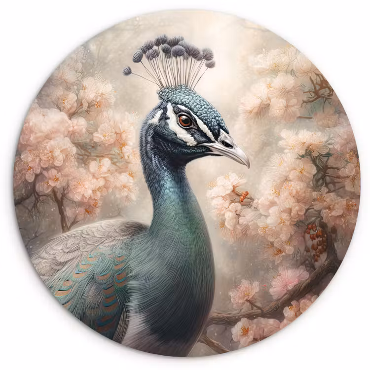 Pauw - Vogels - Bloemen - Boom - Botanisch Wandcirkel kunststof plaat 5mm dik klein -3d