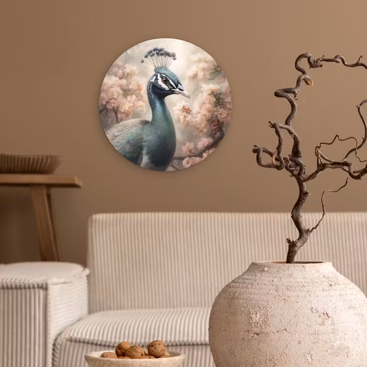 Pauw - Vogels - Bloemen - Boom - Botanisch Wandcirkel kunststof plaat 5mm dik klein -sfeer1
