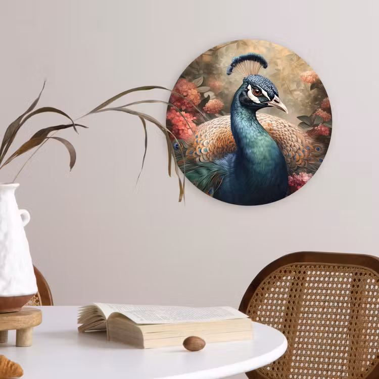 Pauw - Vogel - Bloemen - Planten - Pauwenveren Wandcirkel kunststof plaat 5mm dik klein -sfeer4