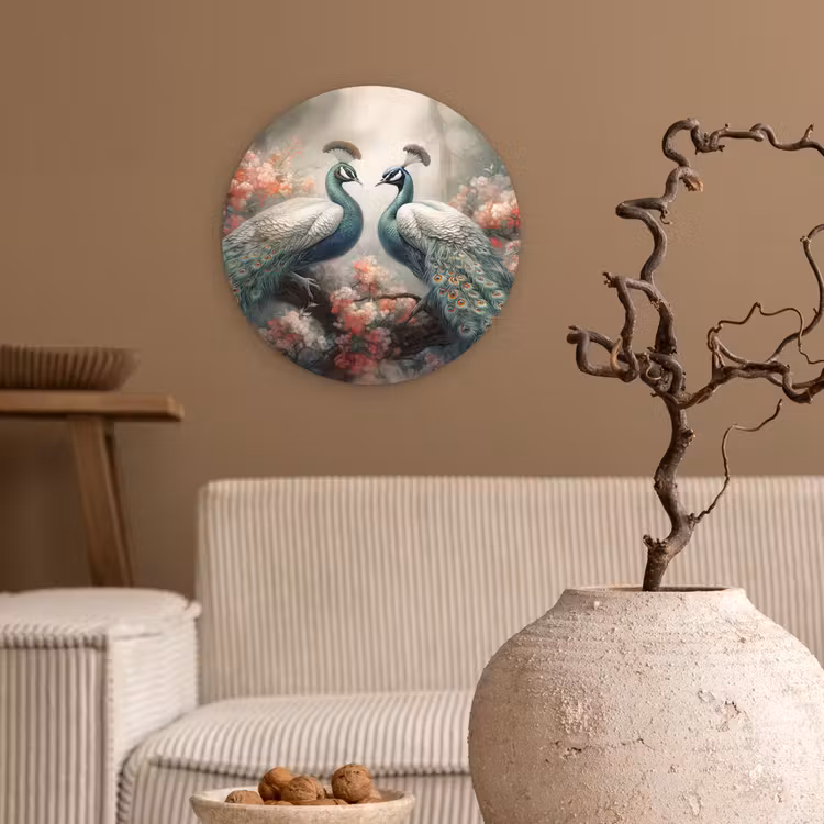 Pauwen - Pauwenveren - Vogels - Bloemen - Natuur Wandcirkel kunststof plaat 5mm dik klein -sfeer1