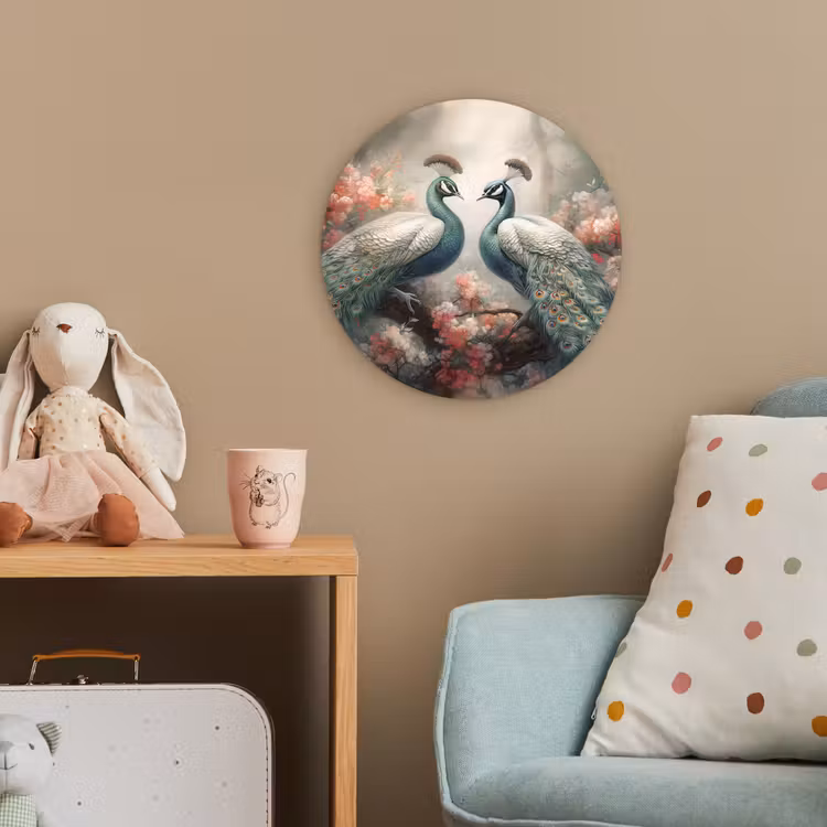 Pauwen - Pauwenveren - Vogels - Bloemen - Natuur Wandcirkel kunststof plaat 5mm dik klein -tsfeer1_kind
