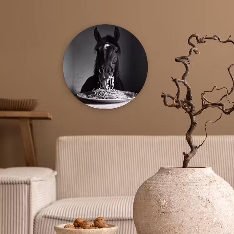 Paard - Bord - Pasta - Tafelkleed - Zwart Wit - Dieren Wandcirkel kunststof plaat 5mm dik klein -sfeer1