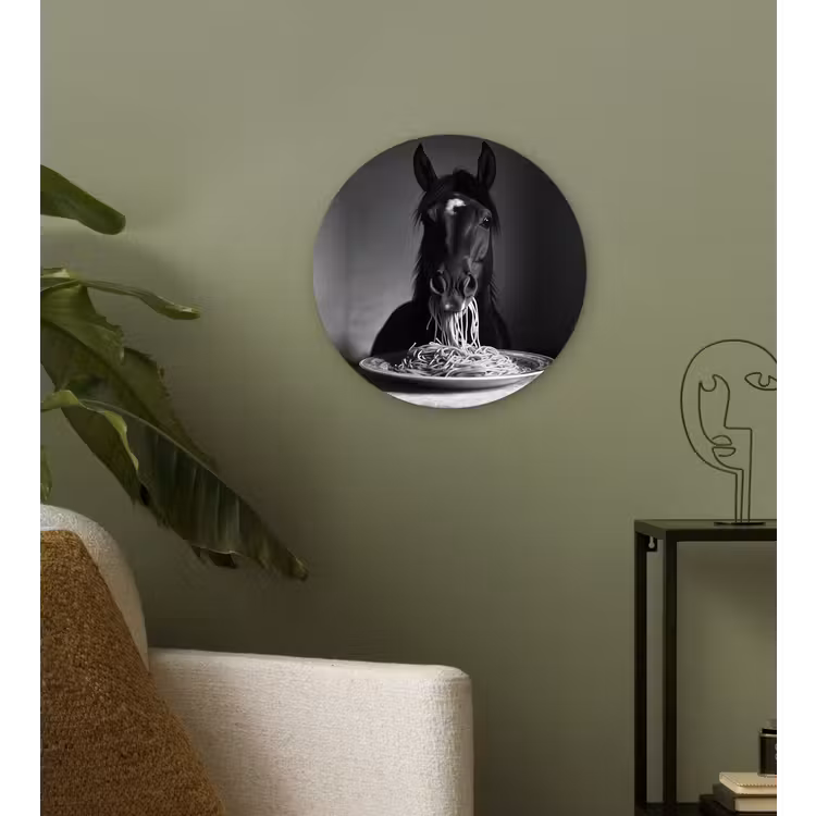 Paard - Bord - Pasta - Tafelkleed - Zwart Wit - Dieren Wandcirkel kunststof plaat 5mm dik klein -sfeer3