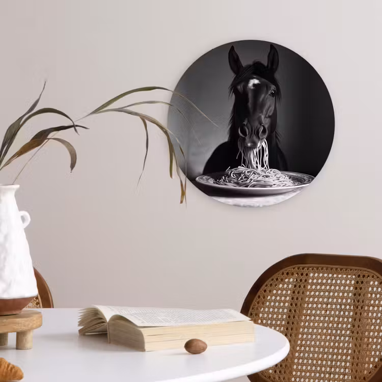Paard - Bord - Pasta - Tafelkleed - Zwart Wit - Dieren Wandcirkel kunststof plaat 5mm dik klein -sfeer4